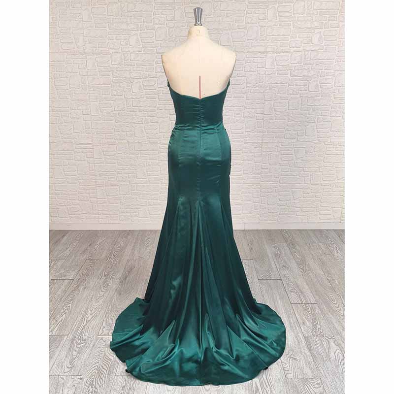 Emerald Green Strapless Satin High Split Prom Dress with Beads | Custom Evening Gown