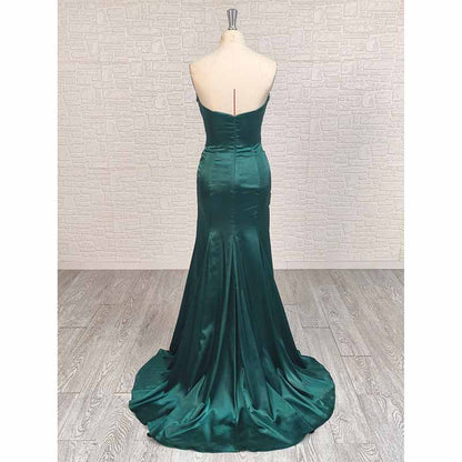 Emerald Green Strapless Satin High Split Prom Dress with Beads | Custom Evening Gown