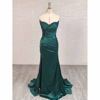 Emerald Green Strapless Satin High Split Prom Dress with Beads | Custom Evening Gown