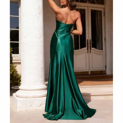 Emerald Green Strapless Satin High Split Prom Dress with Beads | Custom Evening Gown