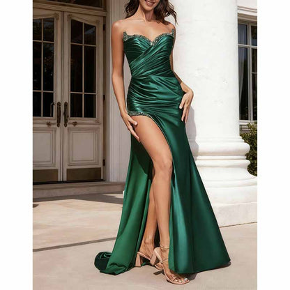 Emerald Green Strapless Satin High Split Prom Dress with Beads | Custom Evening Gown