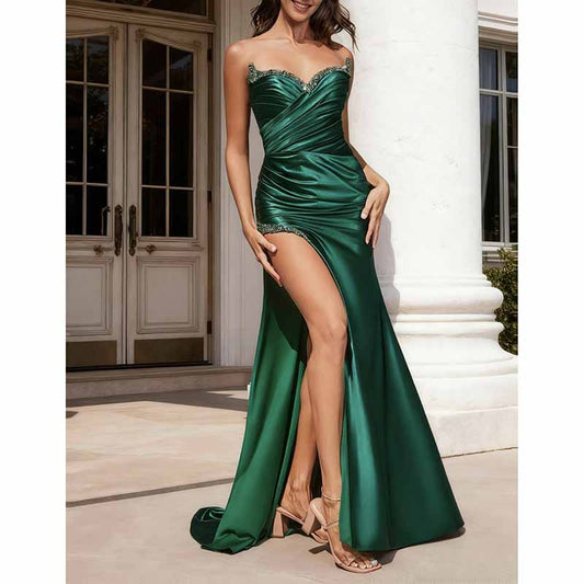 Emerald Green Strapless Satin High Split Prom Dress with Beads | Custom Evening Gown