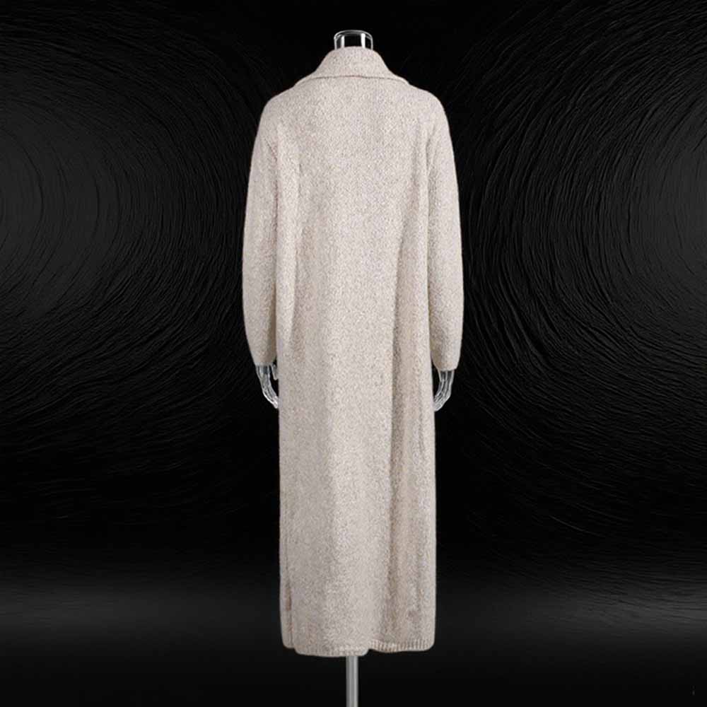 Elegant three piece women's sweater set in beige featuring a long cardigan design