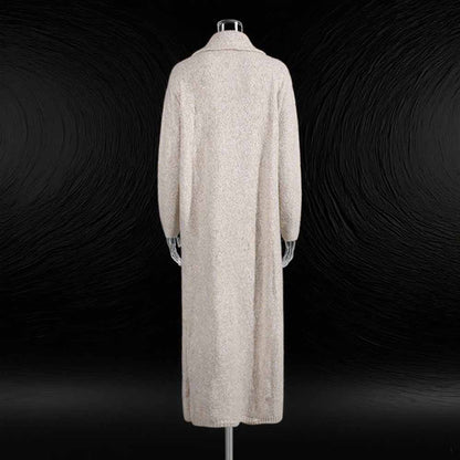 Elegant three piece women's sweater set in beige featuring a long cardigan design