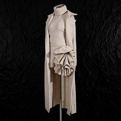 Elegant three piece women's sweater set featuring a stylish long coat and flared skirt for modern fashion