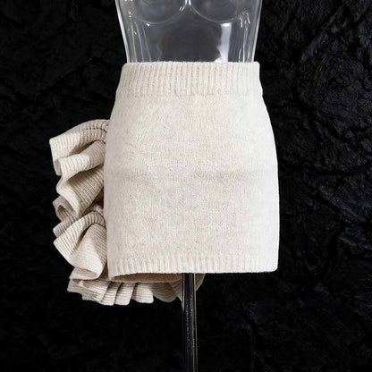 SD Dresscode three piece women's sweater set featuring a stylish beige skirt with a ruffled detail