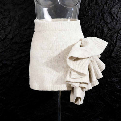 Elegant cream three piece women's sweater set featuring a stylish ruffled skirt design