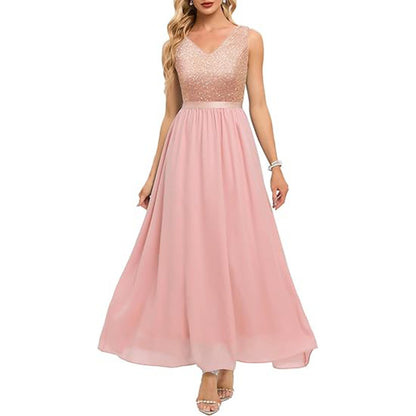 Sleeveless A Line Bridesmaid Dress Sequined High Waisted Maxi Dress