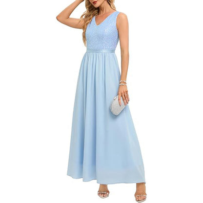 Sleeveless A Line Bridesmaid Dress Sequined High Waisted Maxi Dress