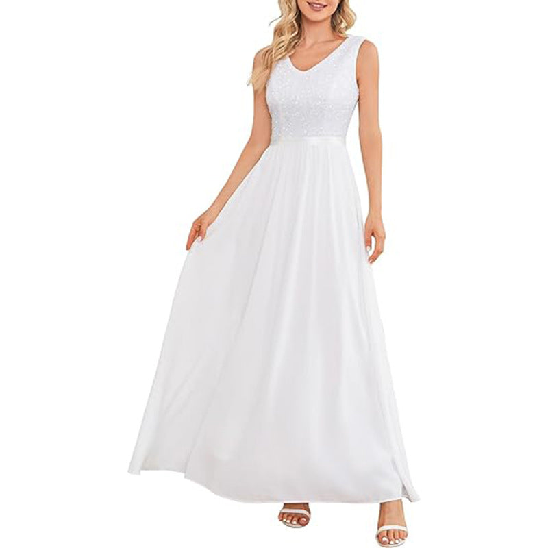 Sleeveless A Line Bridesmaid Dress Sequined High Waisted Maxi Dress