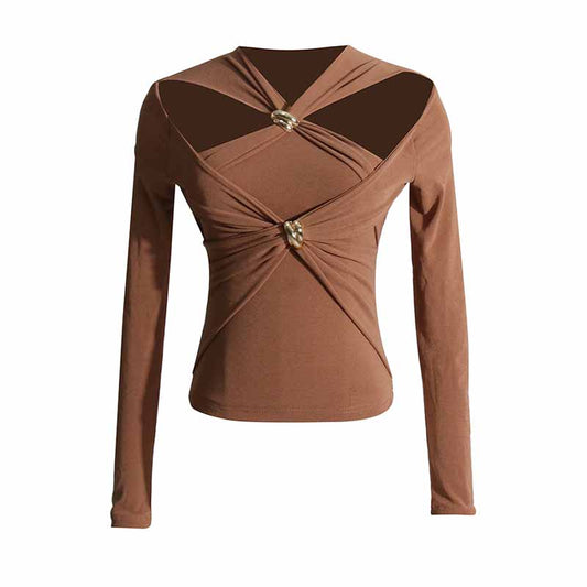 Womens Hollowed out twisted top slim fit long sleeved T-shirt top