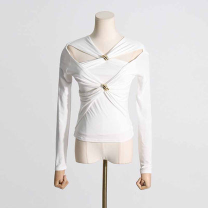 Womens Hollowed out twisted top slim fit long sleeved T-shirt top