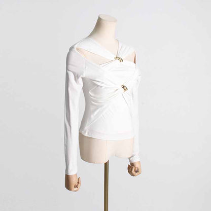 Womens Hollowed out twisted top slim fit long sleeved T-shirt top