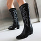 Women Knee High Western Boots with Classic Embroidery and Side Zipper