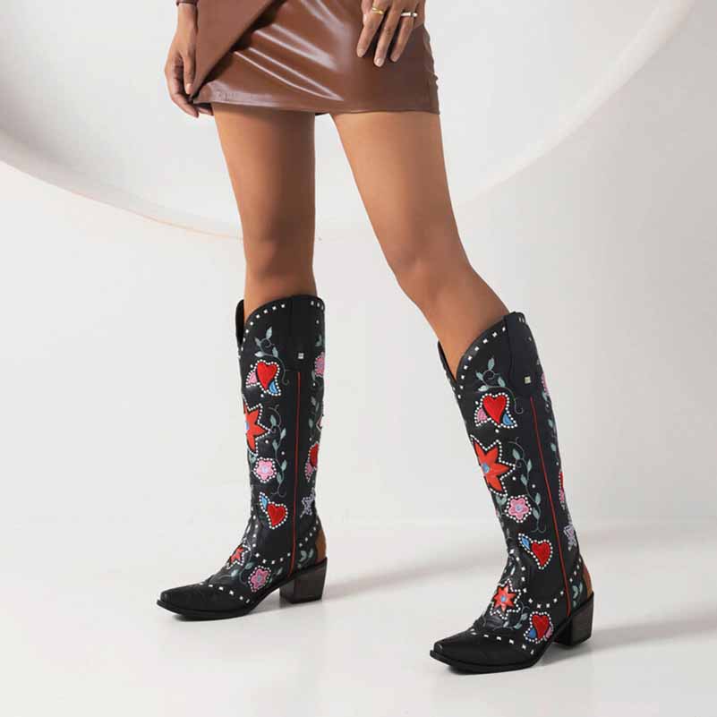 Women Cowboy Boots Block Low Heel Chelsea Knee High Boots Retro Floral Bootie