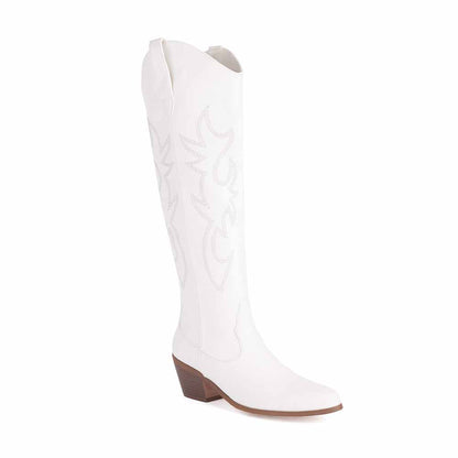 Women Cowboy Boot Faux Leather Embroidered Knee High Cowgirl Western Boots