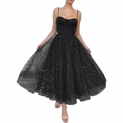 Tulle Prom Dresses Tea Length Spaghetti Straps A Line Pleated Formal Evening Gowns