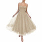 Tulle Prom Dresses Tea Length Spaghetti Straps A Line Pleated Formal Evening Gowns