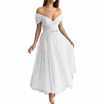 Off Shoulder Tulle Homecomng Dress Tea Length Formal Dress Party Gowns with Belt