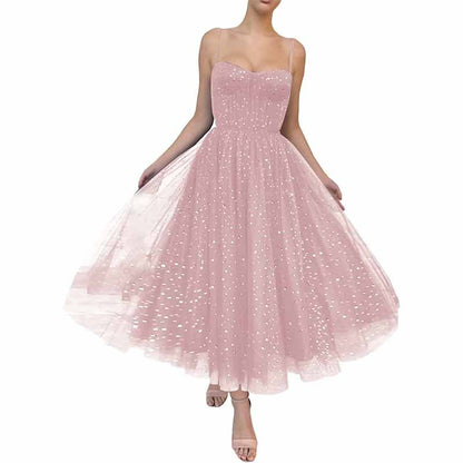 Tulle Prom Dresses Tea Length Spaghetti Straps A Line Pleated Formal Evening Gowns