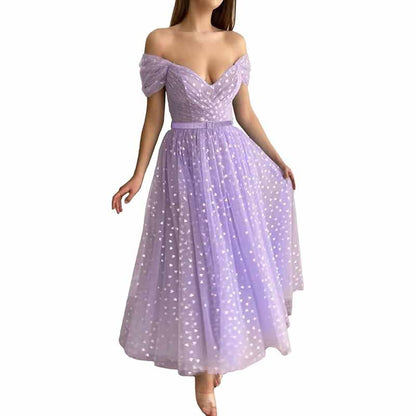 Off Shoulder Tulle Homecomng Dress Tea Length Formal Dress Party Gowns with Belt