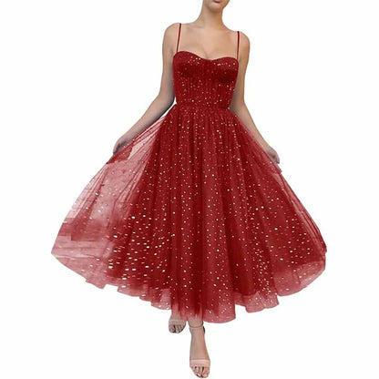 Tulle Prom Dresses Tea Length Spaghetti Straps A Line Pleated Formal Evening Gowns