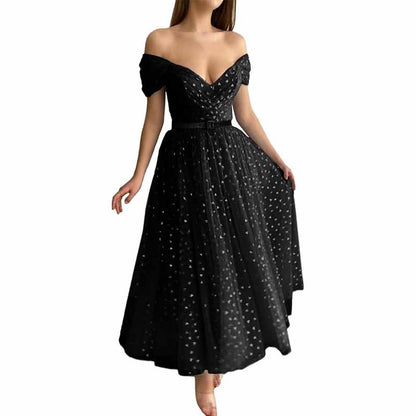 Off Shoulder Tulle Homecomng Dress Tea Length Formal Dress Party Gowns with Belt