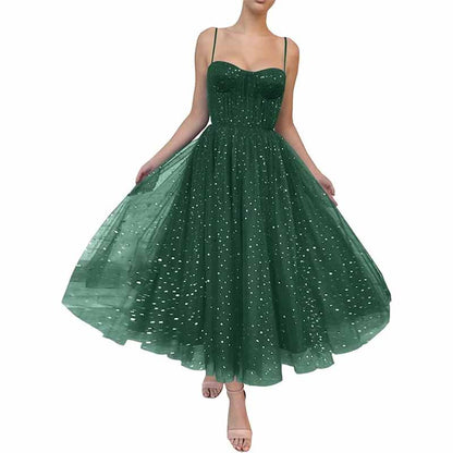 Tulle Prom Dresses Tea Length Spaghetti Straps A Line Pleated Formal Evening Gowns