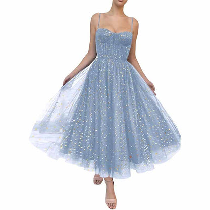 Tulle Prom Dresses Tea Length Spaghetti Straps A Line Pleated Formal Evening Gowns
