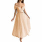 Off Shoulder Tulle Homecomng Dress Tea Length Formal Dress Party Gowns with Belt