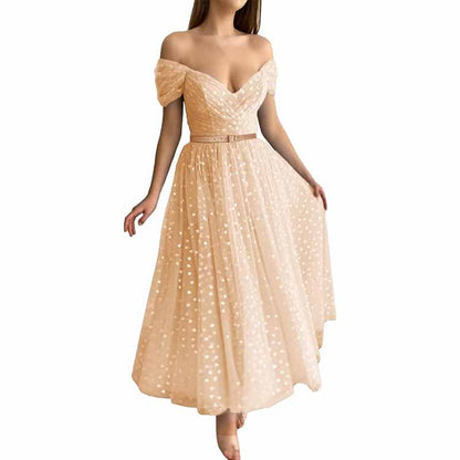 Off Shoulder Tulle Homecomng Dress Tea Length Formal Dress Party Gowns with Belt