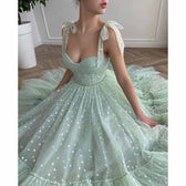 A-Line/Princess Square Collar Printed Flower Wedding Guest Dresses Tea-Length Spaghetti Straps Pleated