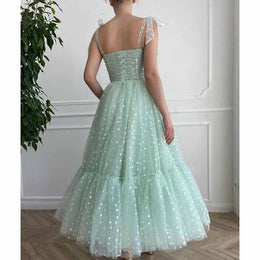 Trendy Blue Sweetheart Spaghetti Strap Tea-length Tulle Prom Gown JTE810