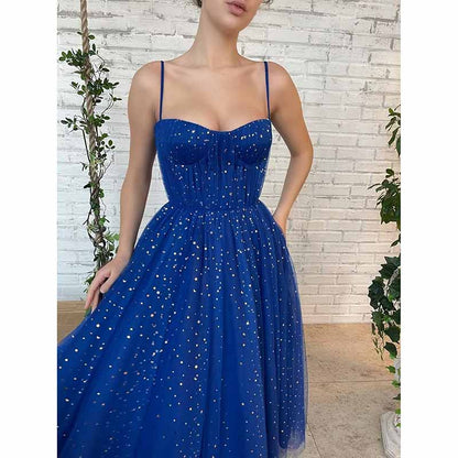 Tulle Prom Dresses Tea Length Spaghetti Straps A Line Pleated Formal Evening Gowns