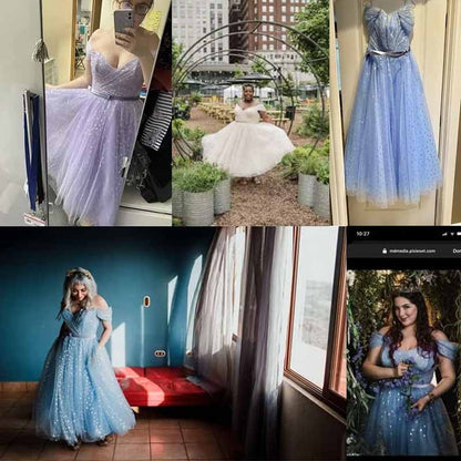 Off Shoulder Tulle Homecomng Dress Tea Length Formal Dress Party Gowns with Belt