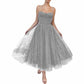 Tulle Prom Dresses Tea Length Spaghetti Straps A Line Pleated Formal Evening Gowns