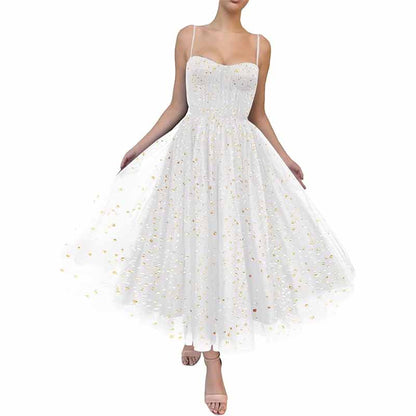 Tulle Prom Dresses Tea Length Spaghetti Straps A Line Pleated Formal Evening Gowns