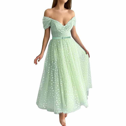 Off Shoulder Tulle Homecomng Dress Tea Length Formal Dress Party Gowns with Belt
