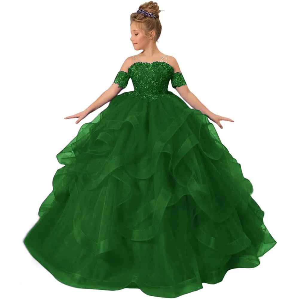 Spagehtti Strap Princess Flower Girl Dresses Applique Tulle Kids Prom Ball Gown