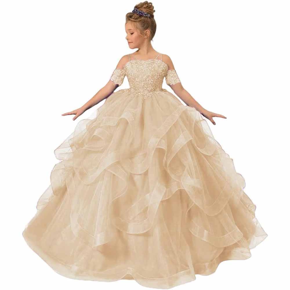 Spagehtti Strap Princess Flower Girl Dresses Applique Tulle Kids Prom Ball Gown