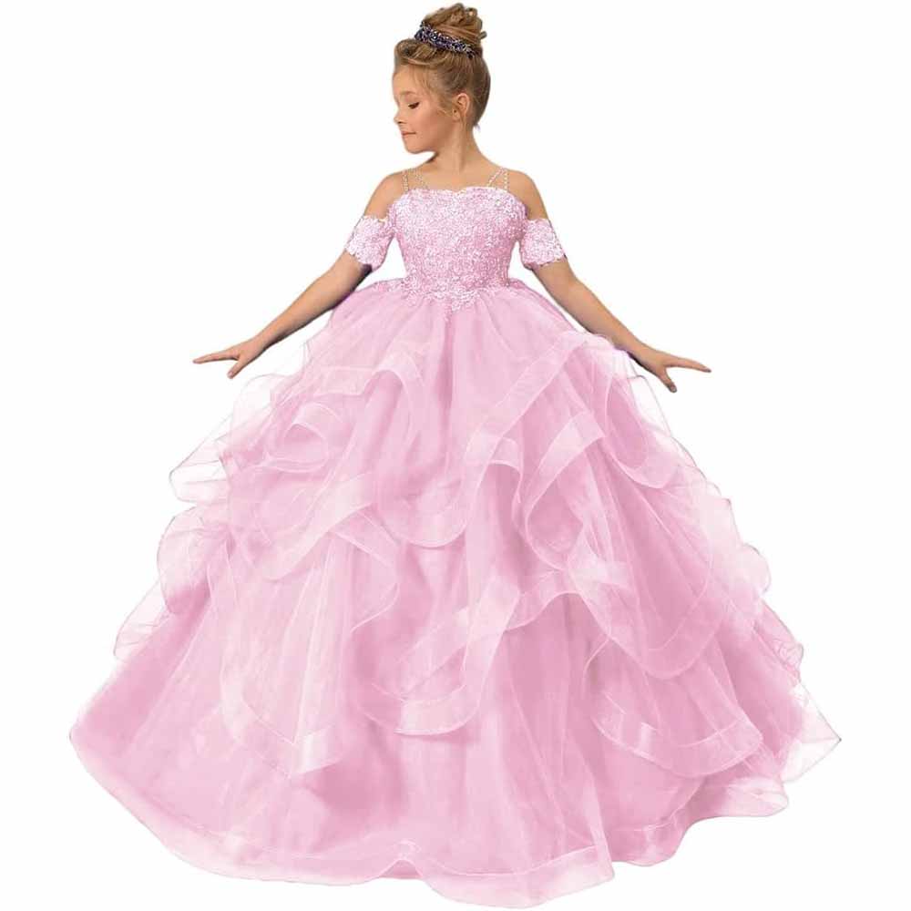 Spagehtti Strap Princess Flower Girl Dresses Applique Tulle Kids Prom Ball Gown