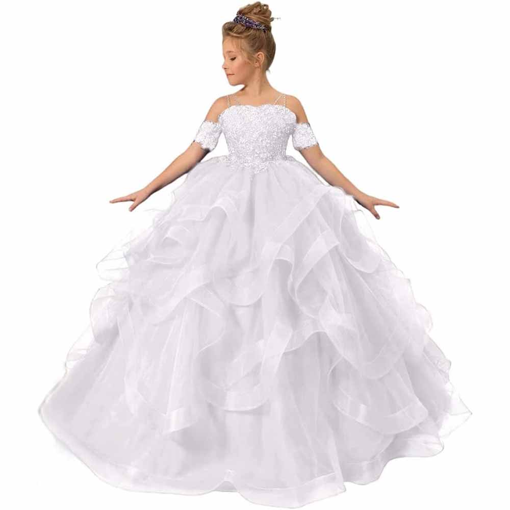 Spagehtti Strap Princess Flower Girl Dresses Applique Tulle Kids Prom Ball Gown