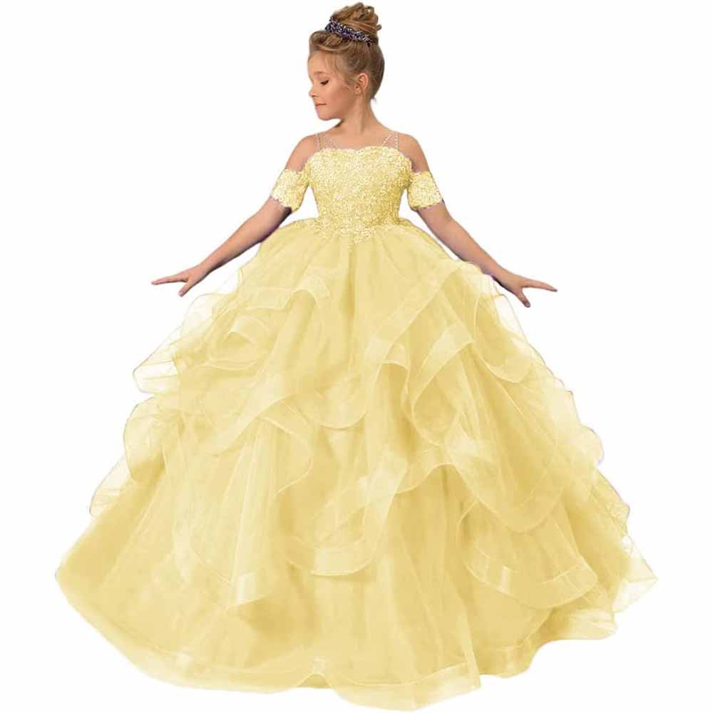 Spagehtti Strap Princess Flower Girl Dresses Applique Tulle Kids Prom Ball Gown