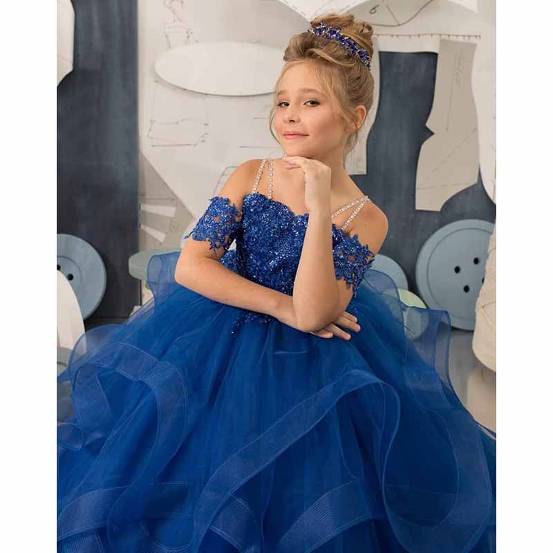 Spagehtti Strap Princess Flower Girl Dresses Applique Tulle Kids Prom Ball Gown