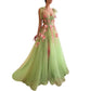 Flower Embroidered Tulle Prom Dress Lace-Up Spaghetti Straps Event Gowns Green