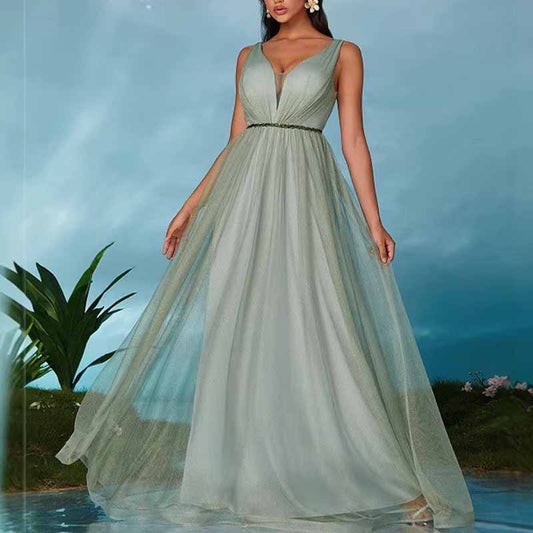 Sage Green V Neck Sleeveless Prom Dress – Elegant A Line Wedding Guest Dress