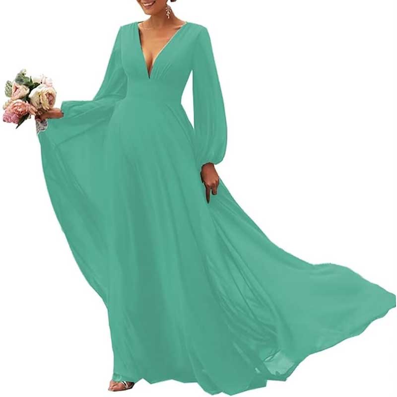 Long Sleeve V-Neck Bridesmaid Dresses Chiffon A Line Formal Dress Evening Gowns