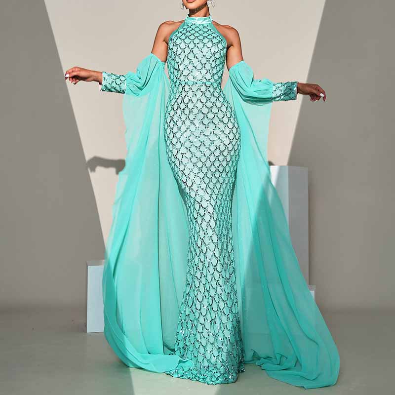 Turquoise Prom Dress Halter Neck with Caped Sequin Mermaid Evening Dre SD Dresscode & Fashiontrends Turquoise Prom Dress Halter Neck with Caped Sequin Mermaid Evening Dre SD Dresscode & Fashiontrends