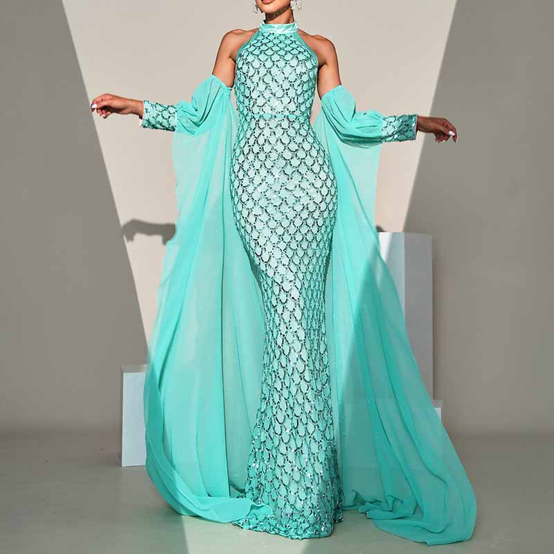 Turquoise Prom Dress Halter Neck with Caped Sequin Mermaid Evening Dress