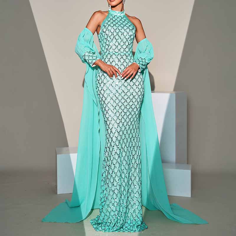 Turquoise Prom Dress Halter Neck with Caped Sequin Mermaid Evening Dress